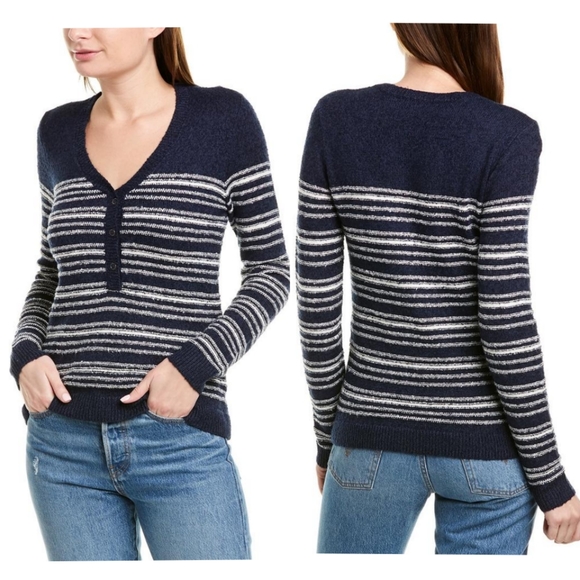 Lilla P Sweaters - Lilla P Stripe Terry Henley Pullover Sweater Blue/Cream MEDIUM & LARGE NWT